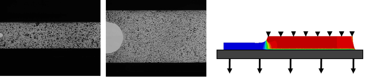 Mode I fracture experiment performed on an elastomer showing crack growth (left) and finite element simulation of the experiment (right)