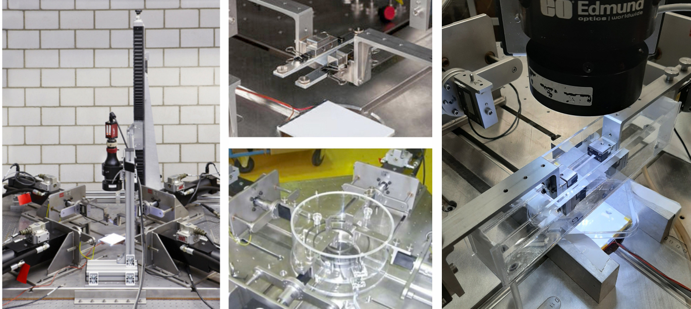 Biaxial testing device (left), different clamping systems and biochamber (center), and uniaxial tension test on skin sample (right).